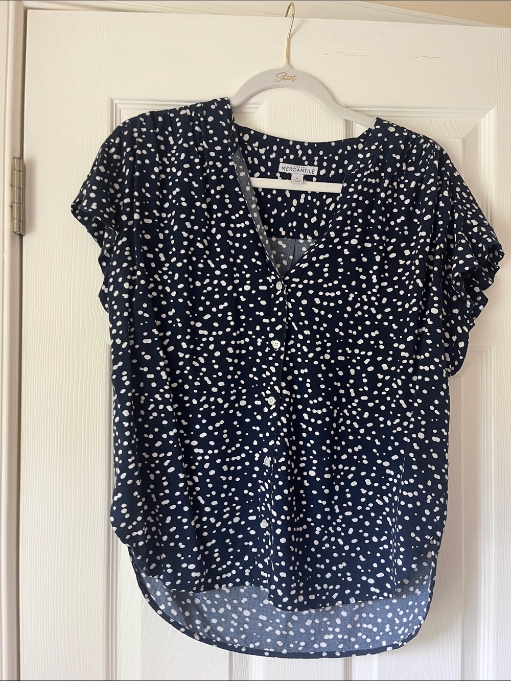 J. Crew Navy and White Polka Dot Short-Sleeve Blouse